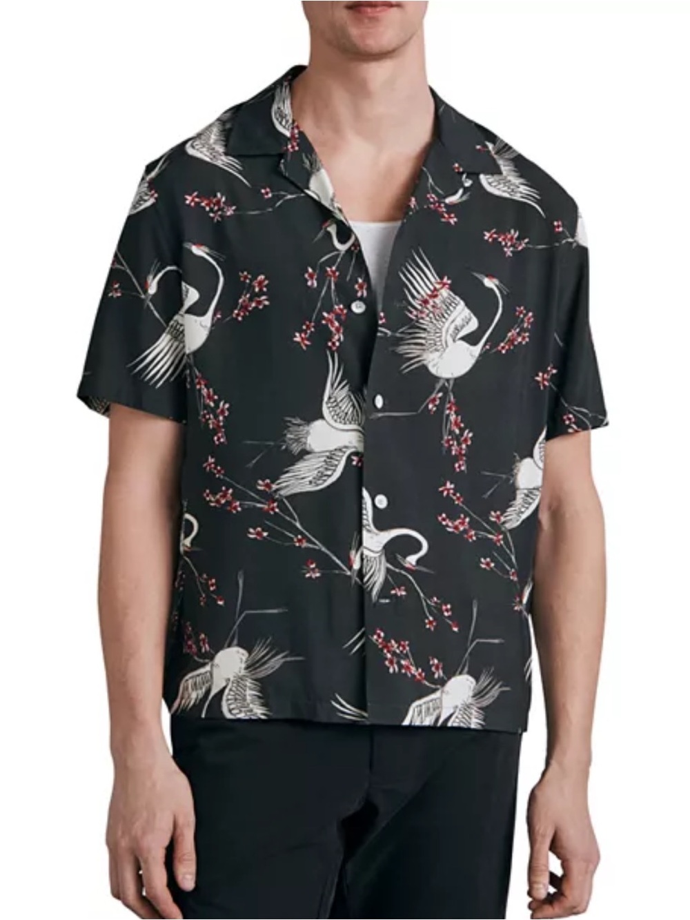 RAG & BONE Avery Crane Print Convertible-Collar Crepe Shirt Size Medium Dk Gray